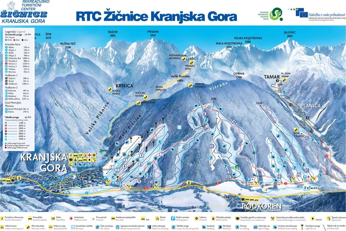 Карта Словенія гірськолижні курорти